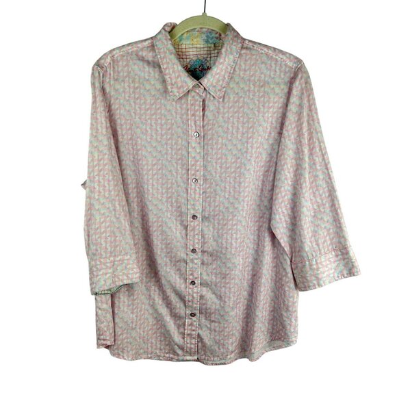 Robert Graham Button Down Shirt Women XL Pink Geometric Pattern Flip Cuff Work - Picture 1 of 8